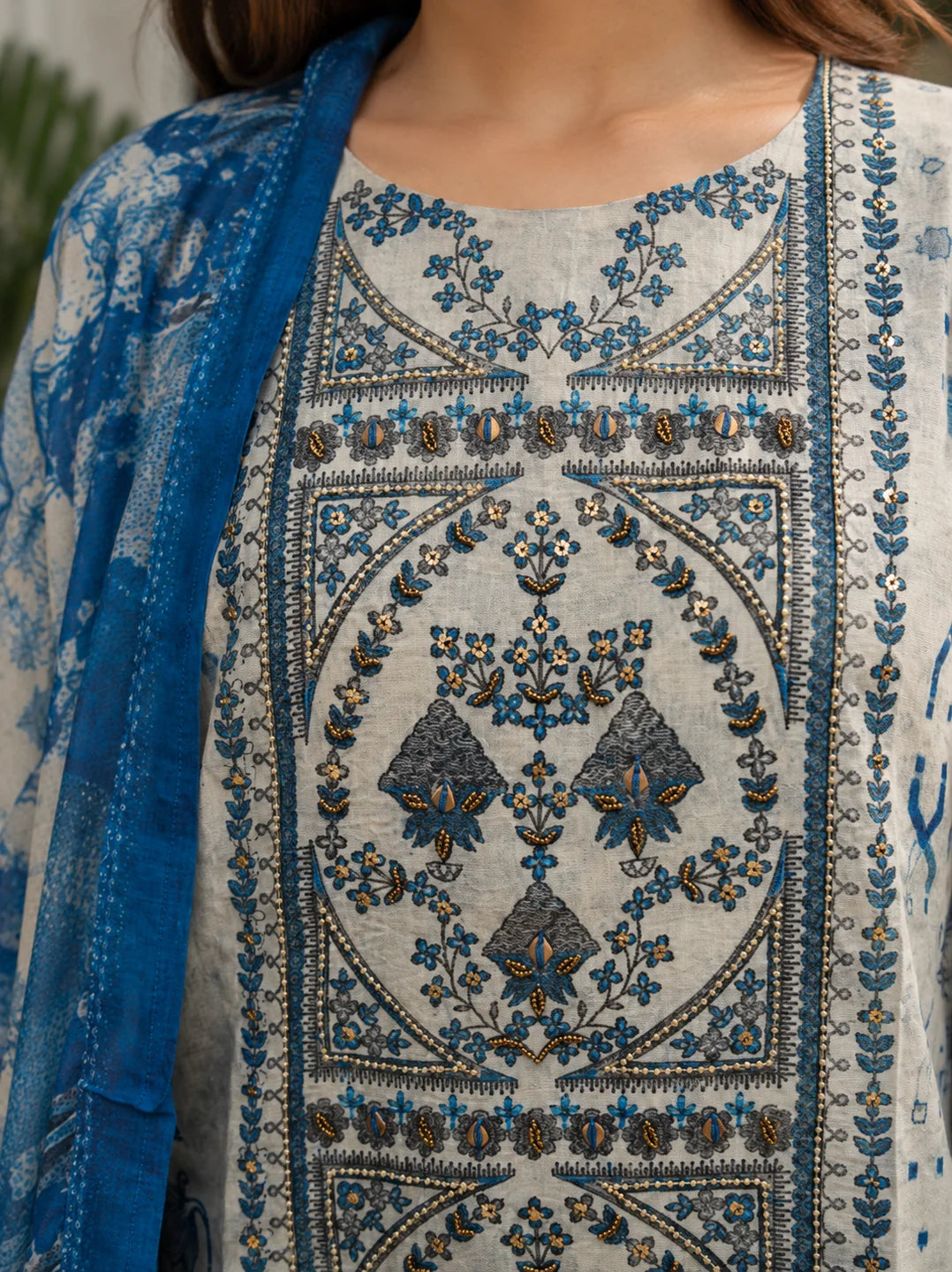 Blue & Ivory Embroidered 3 Pc Kurta Set in Mul Chanderi