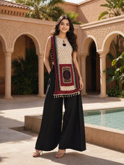 Black & Beige Embellished Kurta Palazzo Co-ord Set in Muslin