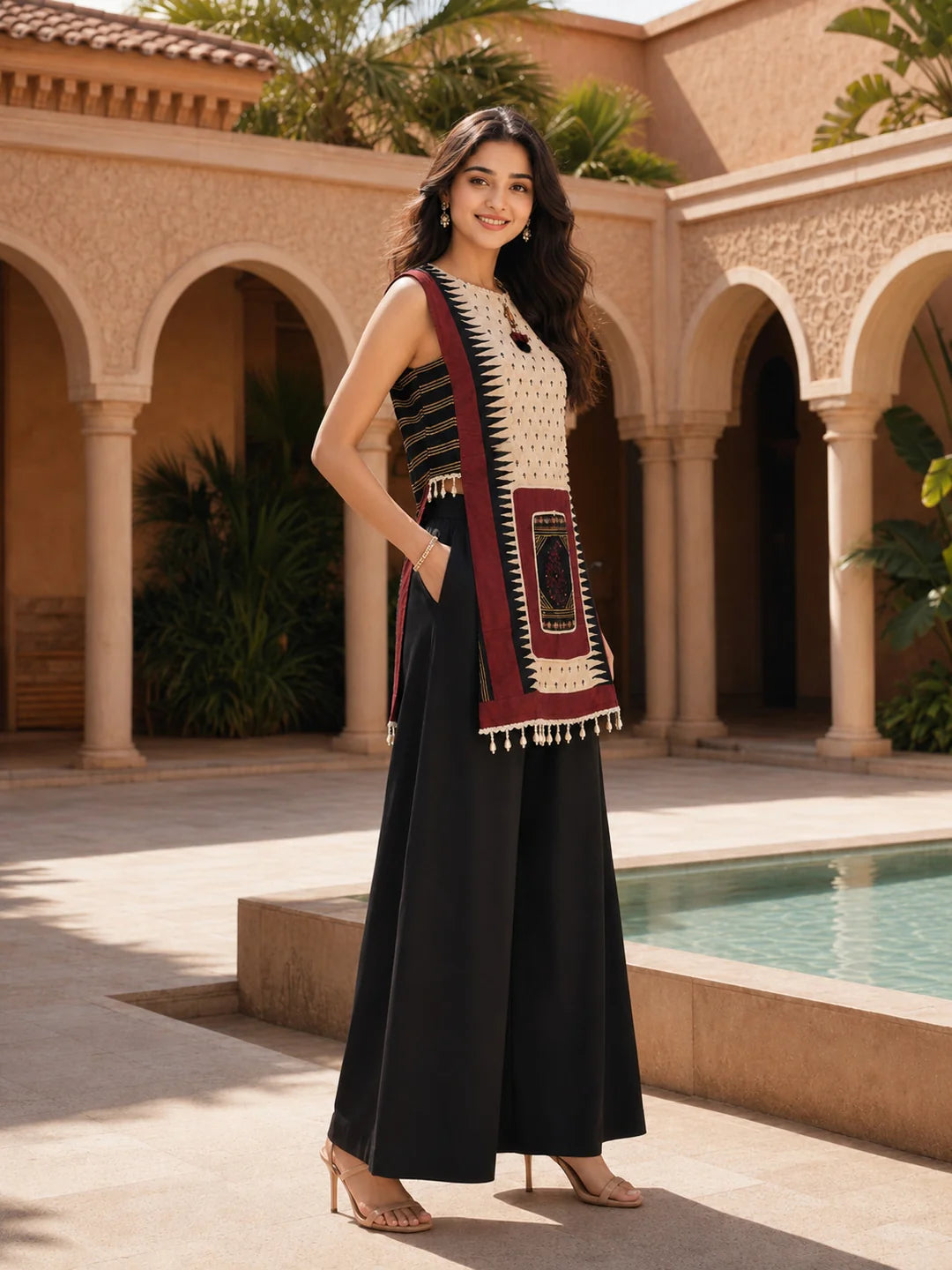 Black & Beige Embellished Kurta Palazzo Co-ord Set in Muslin