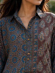 Brown Elephant Embellished Printed Shirt in Crepe