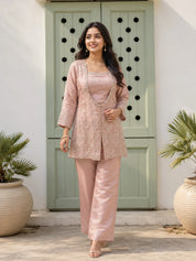 Peach Sequin & Bead Embroidered 3 Pc Co-ord Set in Tissue