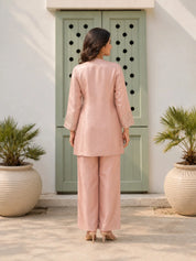 Peach Sequin & Bead Embroidered 3 Pc Co-ord Set in Tissue