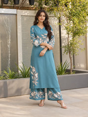 Sequin-Embellished Floral Kurta Palazzo Set in German Rayon