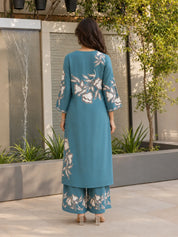 Sequin-Embellished Floral Kurta Palazzo Set in German Rayon