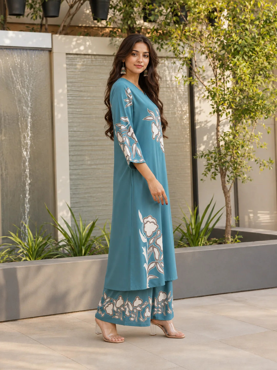Sequin-Embellished Floral Kurta Palazzo Set in German Rayon