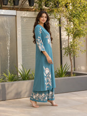 Sequin-Embellished Floral Kurta Palazzo Set in German Rayon