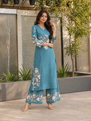 Sequin-Embellished Floral Kurta Palazzo Set in German Rayon
