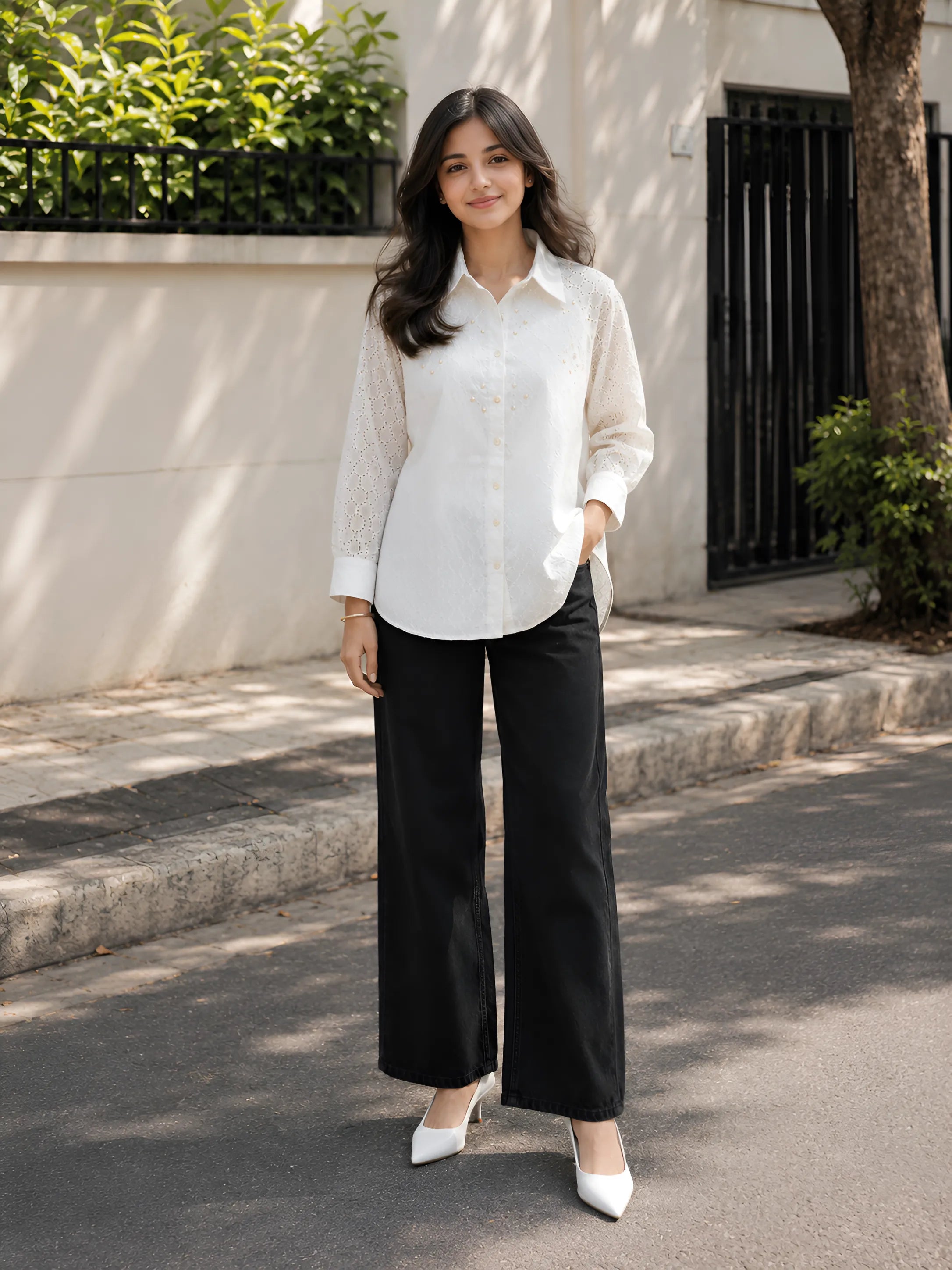 White Dobby Cotton Shirt with Schiffli Sleeves & Pearl Bead Detailing