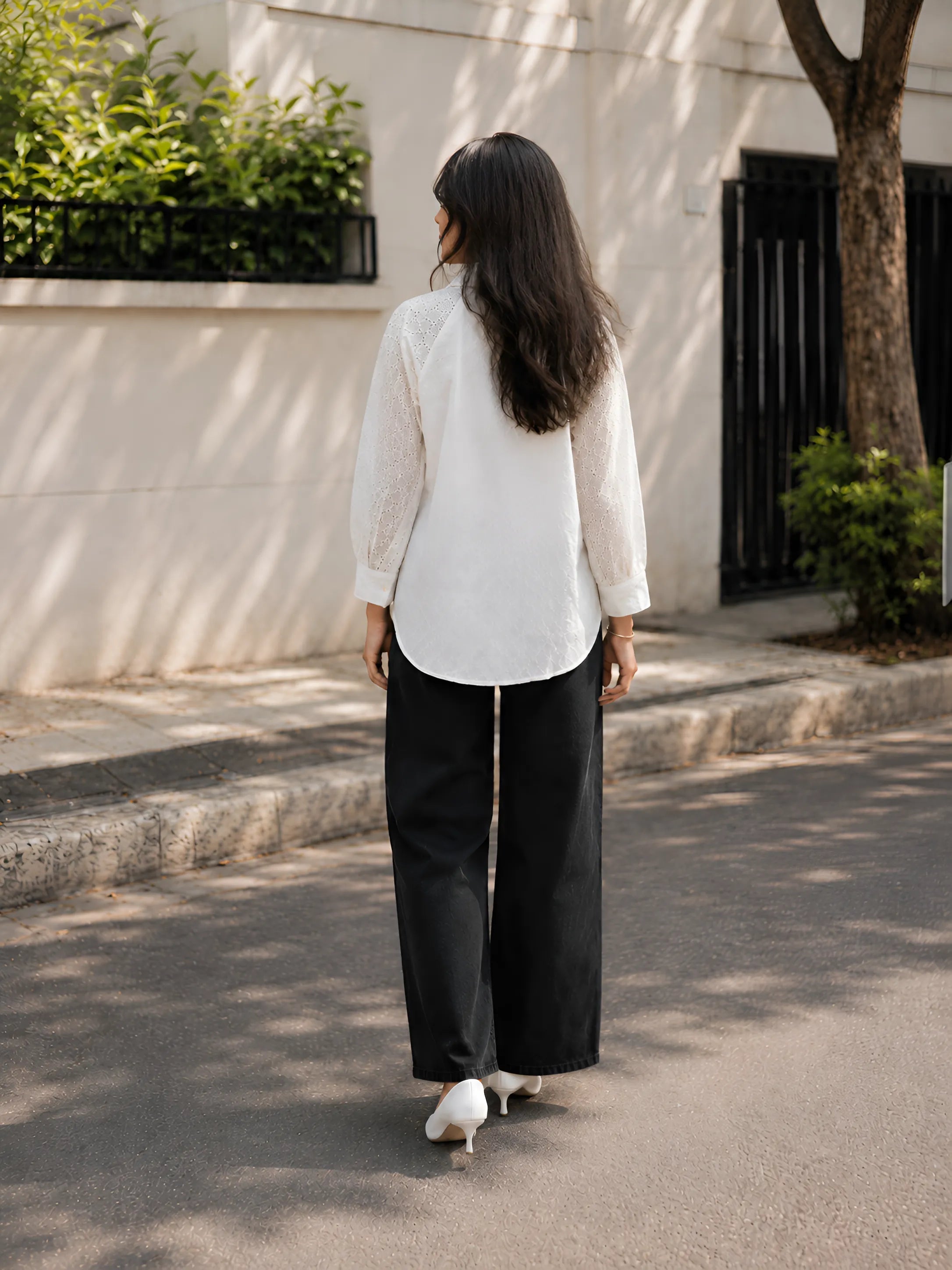 White Dobby Cotton Shirt with Schiffli Sleeves & Pearl Bead Detailing