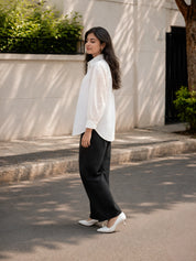 White Dobby Cotton Shirt with Schiffli Sleeves & Pearl Bead Detailing