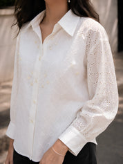 White Dobby Cotton Shirt with Schiffli Sleeves & Pearl Bead Detailing