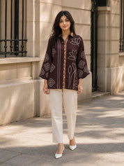 Coffee Brown Bandhani Print Shirt with Floral & Peacock Patch Back Panel in Muslin