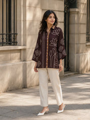 Coffee Brown Bandhani Print Shirt with Floral & Peacock Patch Back Panel in Muslin