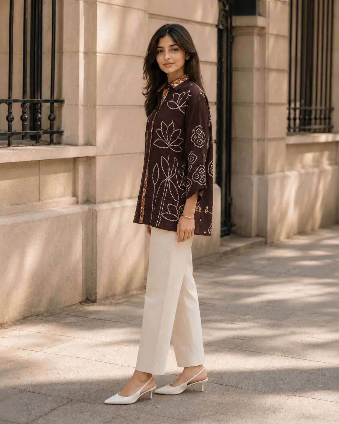 Coffee Brown Bandhani Print Shirt with Floral & Peacock Patch Back Panel in Muslin