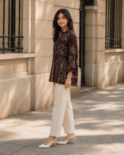 Coffee Brown Bandhani Print Shirt with Floral & Peacock Patch Back Panel in Muslin