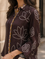 Coffee Brown Bandhani Print Shirt with Floral & Peacock Patch Back Panel in Muslin