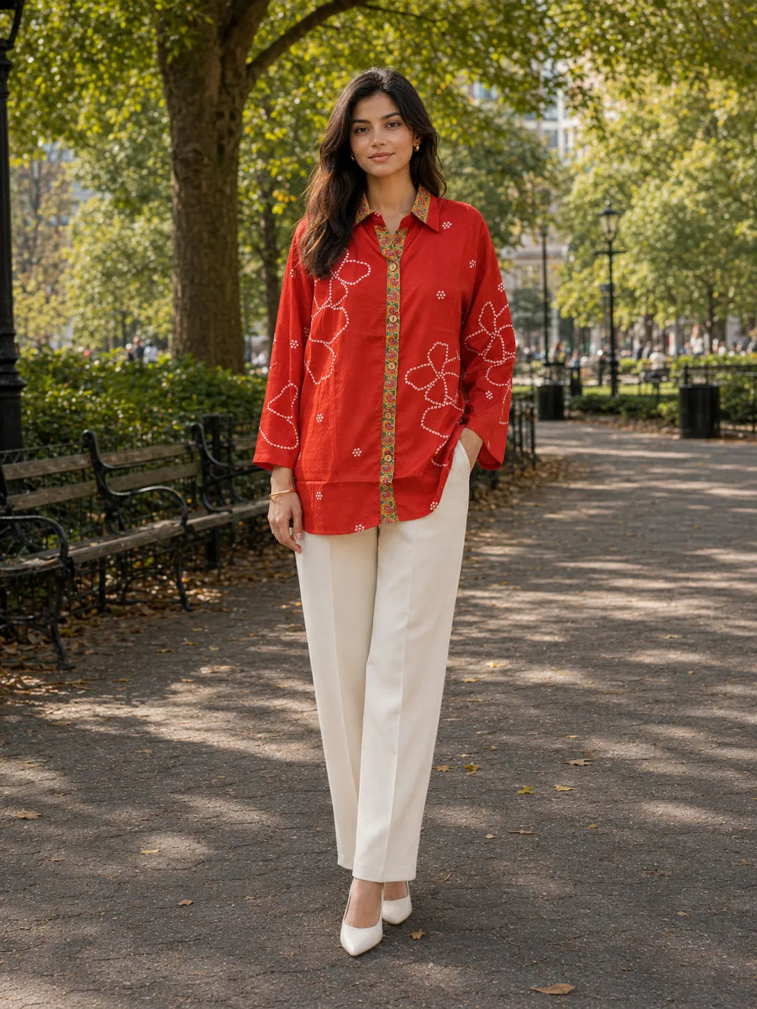 Rust Orange Bandhani Print Shirt with Statement Floral Back Panel in Muslin