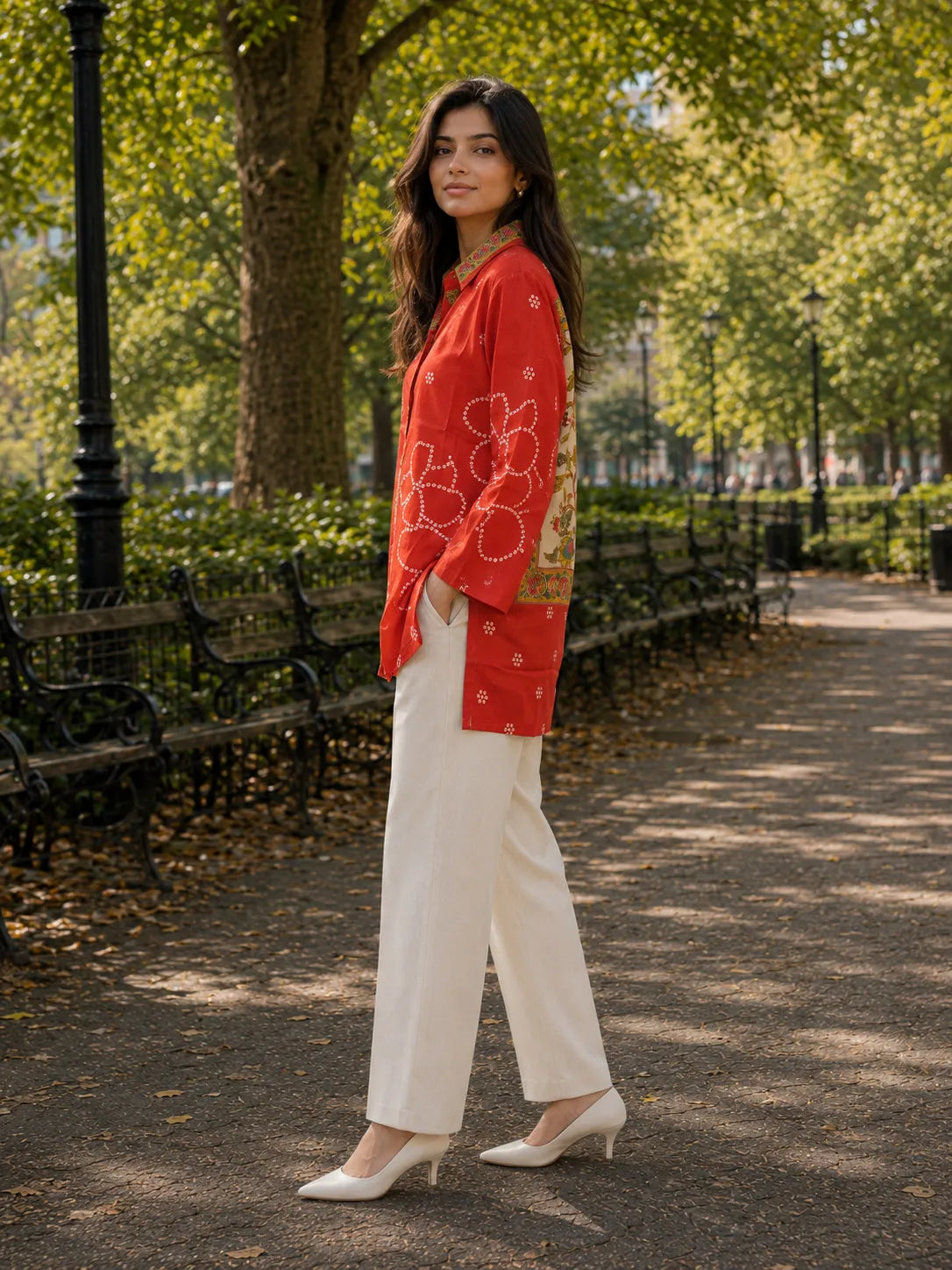 Rust Orange Bandhani Print Shirt with Statement Floral Back Panel in Muslin
