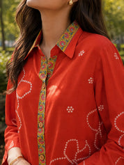Rust Orange Bandhani Print Shirt with Statement Floral Back Panel in Muslin
