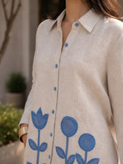 Beige Co-ord Set with Multilayer Flower Appliqué & White Stitch Detailing in Linen Blend