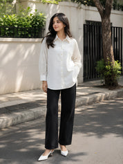 White Dobby Cotton Shirt with Schiffli Sleeves & Pearl Bead Detailing