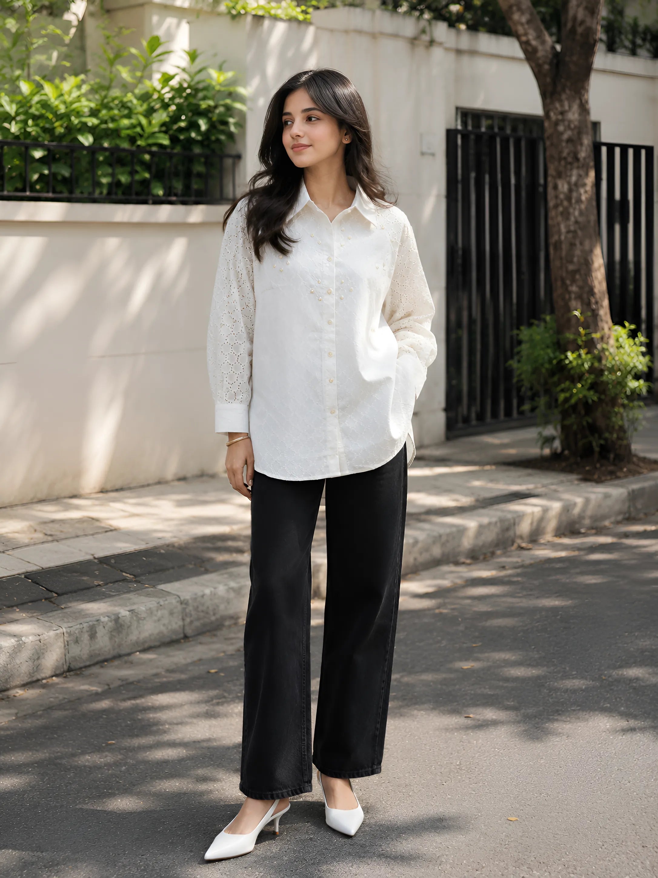 White Dobby Cotton Shirt with Schiffli Sleeves & Pearl Bead Detailing