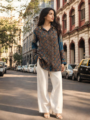 Teal Blue Kalamkari-Inspired Printed Shirt with Coin Tassel Collar in Crepe