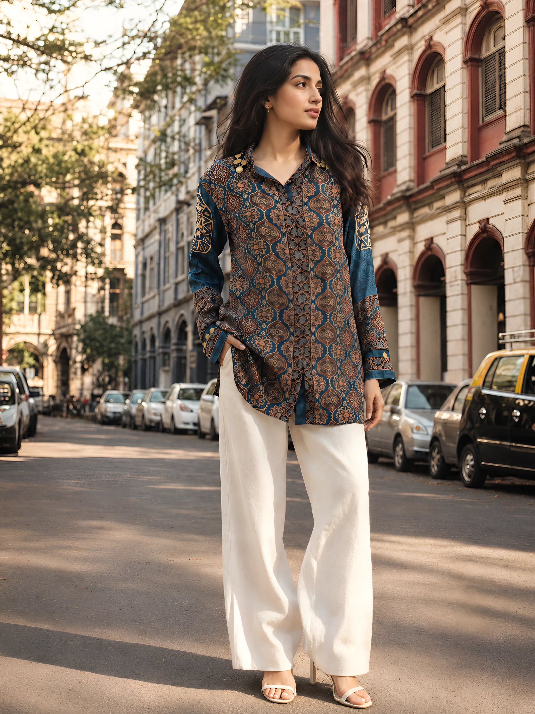 Teal Blue Kalamkari-Inspired Printed Shirt with Coin Tassel Collar in Crepe