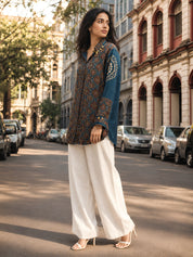 Teal Blue Kalamkari-Inspired Printed Shirt with Coin Tassel Collar in Crepe