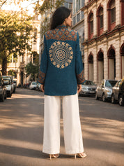 Teal Blue Kalamkari-Inspired Printed Shirt with Coin Tassel Collar in Crepe