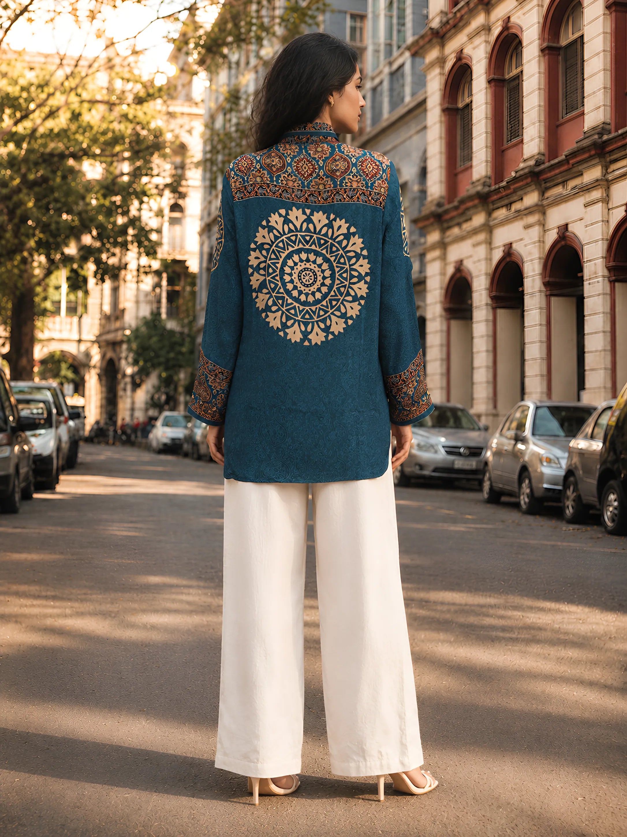 Teal Blue Kalamkari-Inspired Printed Shirt with Coin Tassel Collar in Crepe