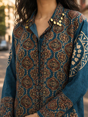 Teal Blue Kalamkari-Inspired Printed Shirt with Coin Tassel Collar in Crepe