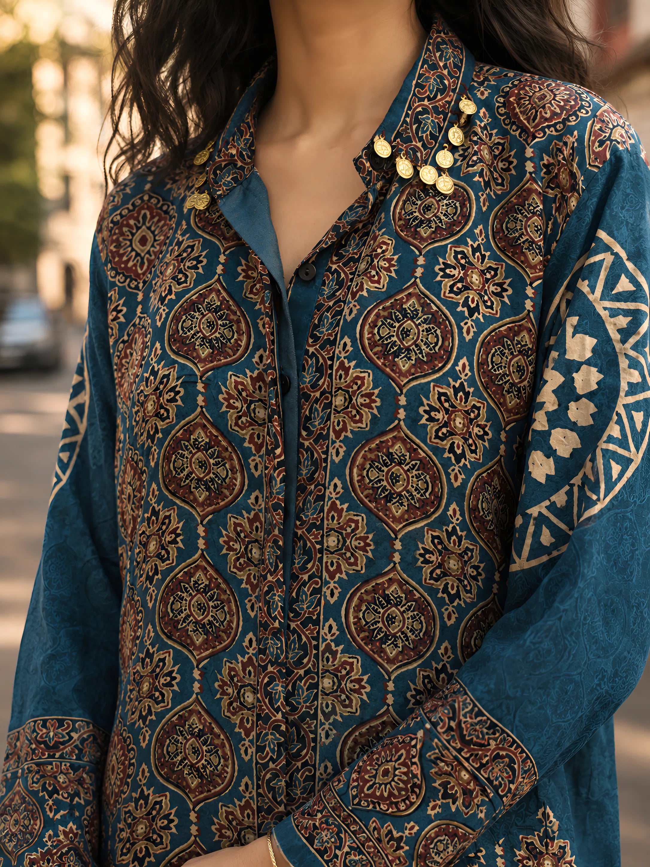 Teal Blue Kalamkari-Inspired Printed Shirt with Coin Tassel Collar in Crepe