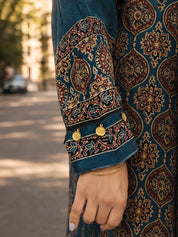 Teal Blue Kalamkari-Inspired Printed Shirt with Coin Tassel Collar in Crepe