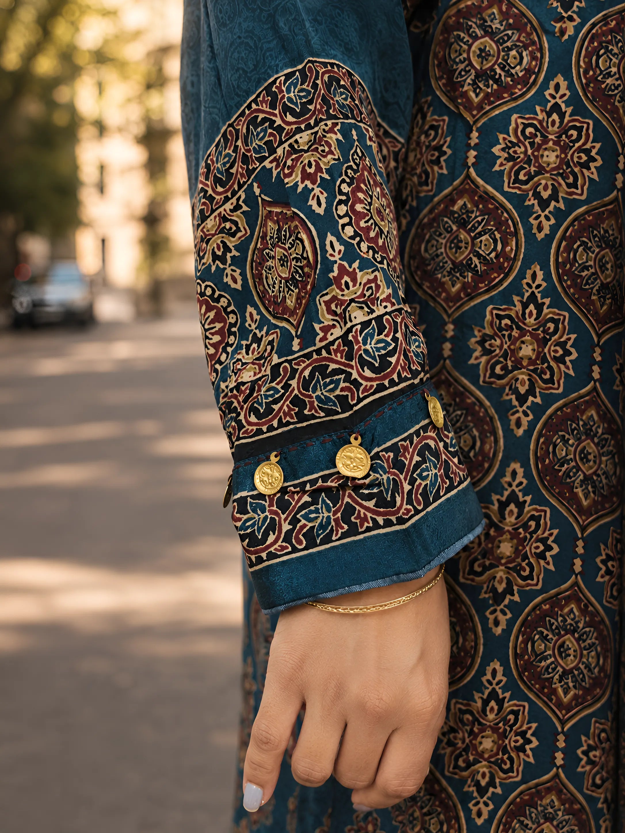 Teal Blue Kalamkari-Inspired Printed Shirt with Coin Tassel Collar in Crepe