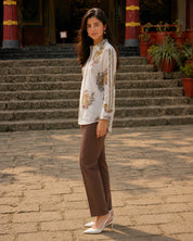 White Yellow Floral Block Print Shirt with Lace Yoke & Lace-Trimmed Placket in Cotton