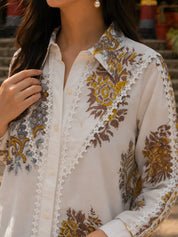 White Yellow Floral Block Print Shirt with Lace Yoke & Lace-Trimmed Placket in Cotton