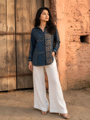 Indigo Blue Block Print-Inspired Shirt with Floral Metal Embroidered Collar in Crepe