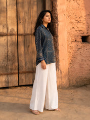 Indigo Blue Block Print-Inspired Shirt with Floral Metal Embroidered Collar in Crepe