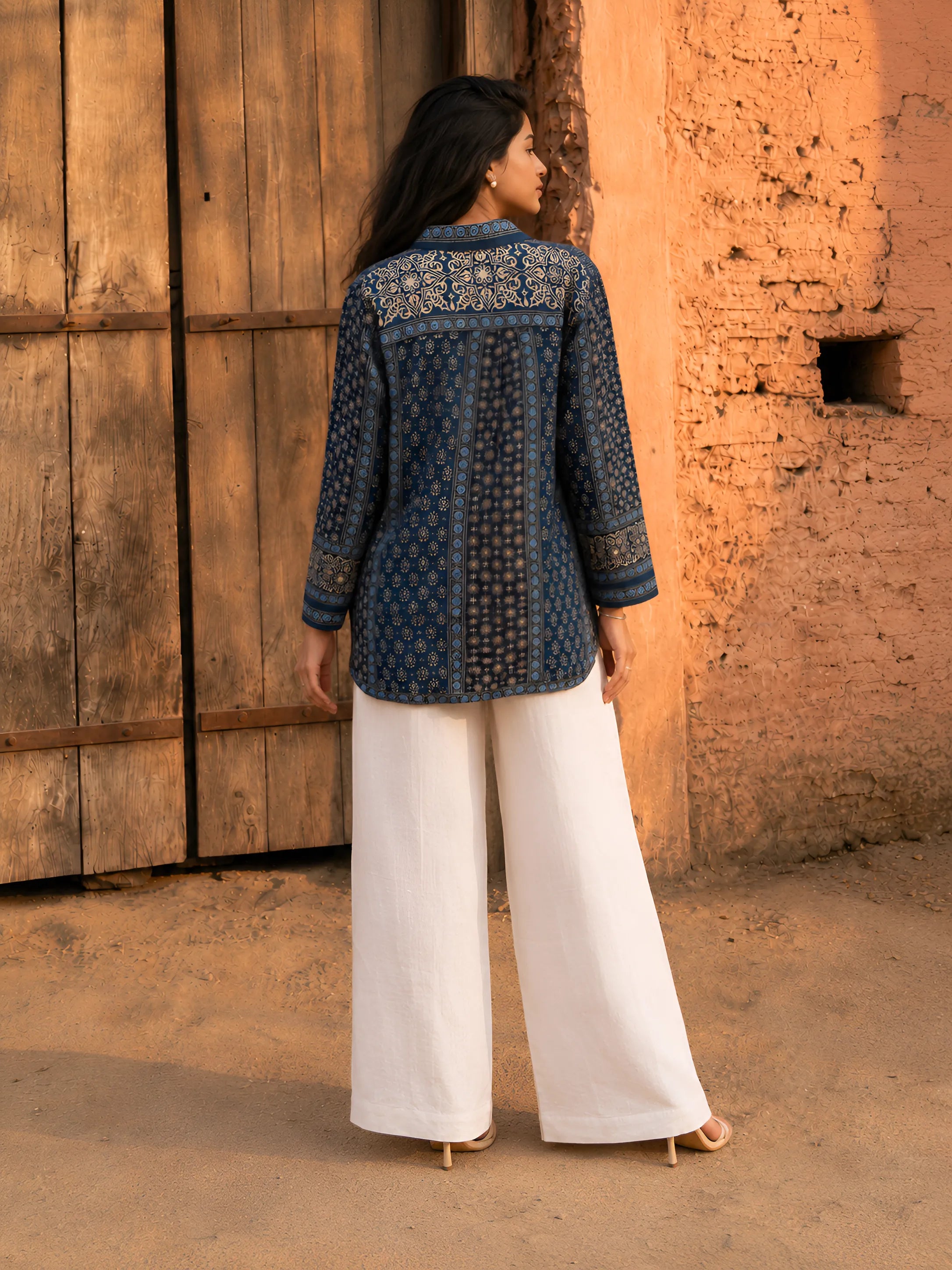 Indigo Blue Block Print-Inspired Shirt with Floral Metal Embroidered Collar in Crepe