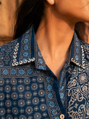 Indigo Blue Block Print-Inspired Shirt with Floral Metal Embroidered Collar in Crepe