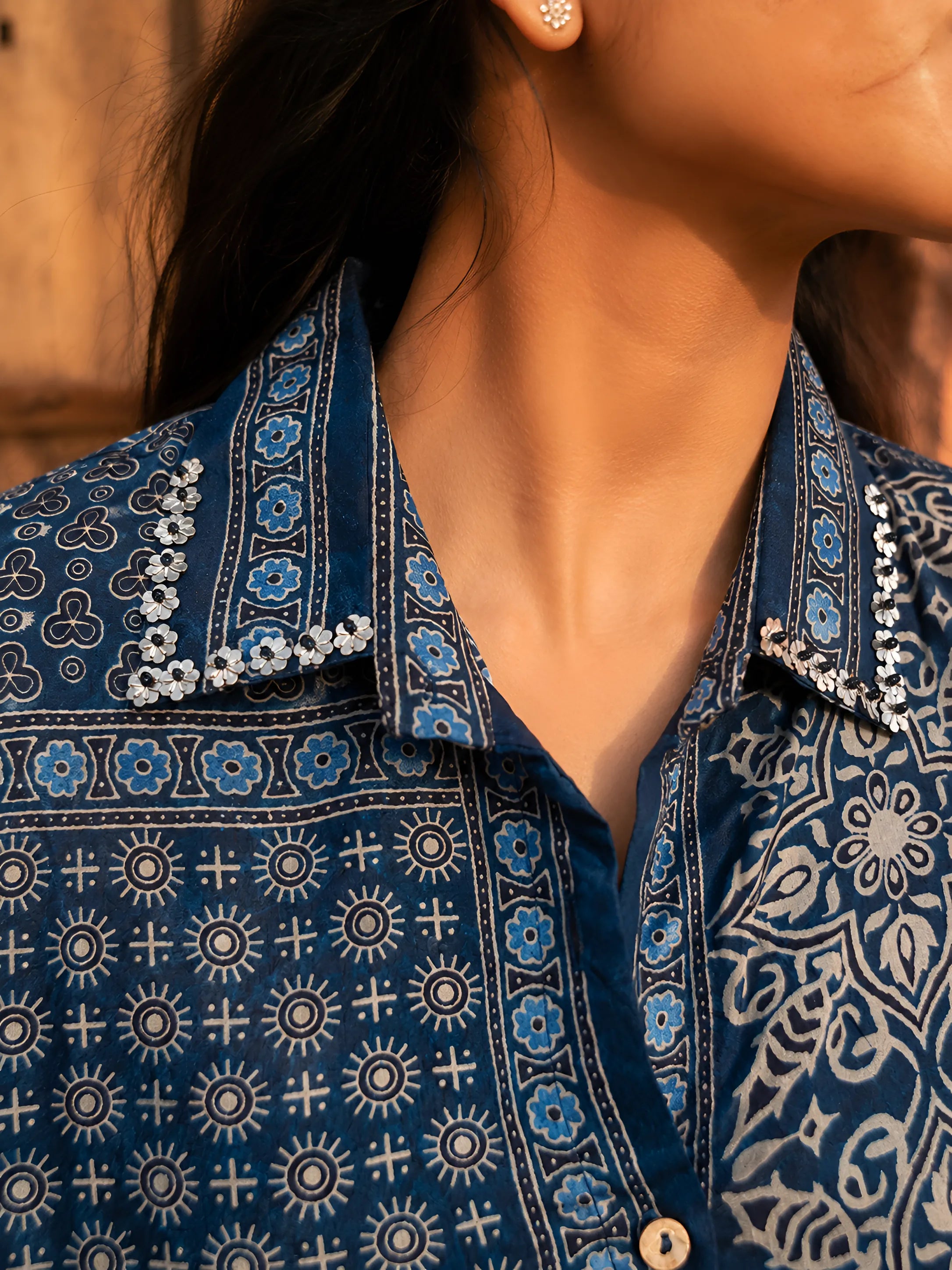 Indigo Blue Block Print-Inspired Shirt with Floral Metal Embroidered Collar in Crepe