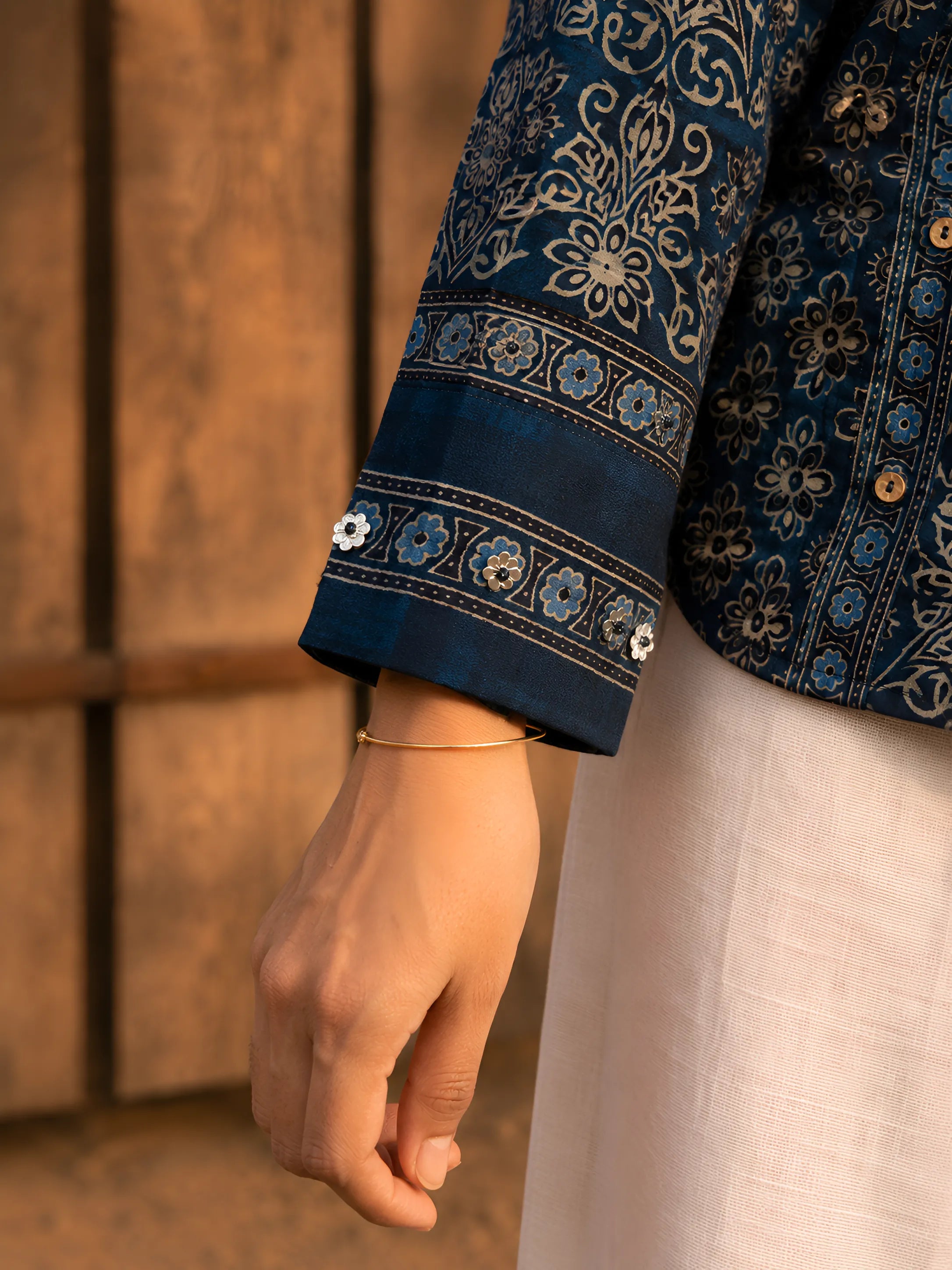 Indigo Blue Block Print-Inspired Shirt with Floral Metal Embroidered Collar in Crepe