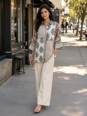 White Free-Style Block Print Shirt with Coin Tassels & Sequin Placket in Mul Chanderi