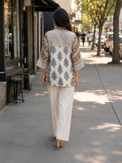 White Free-Style Block Print Shirt with Coin Tassels & Sequin Placket in Mul Chanderi