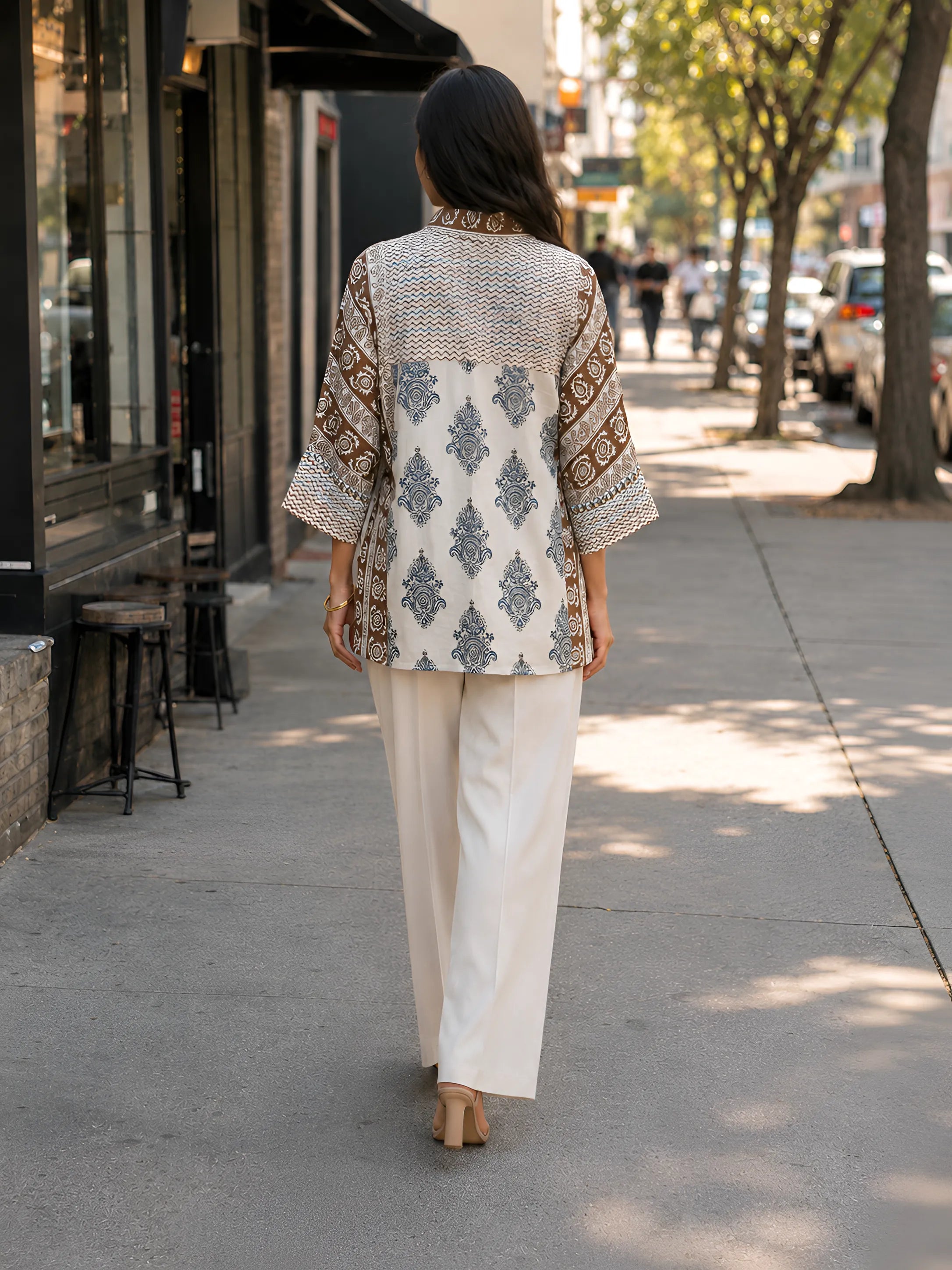 White Free-Style Block Print Shirt with Coin Tassels & Sequin Placket in Mul Chanderi