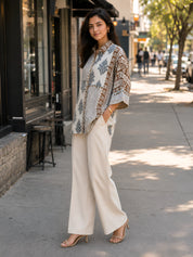 White Free-Style Block Print Shirt with Coin Tassels & Sequin Placket in Mul Chanderi