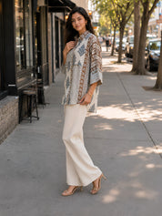 White Free-Style Block Print Shirt with Coin Tassels & Sequin Placket in Mul Chanderi