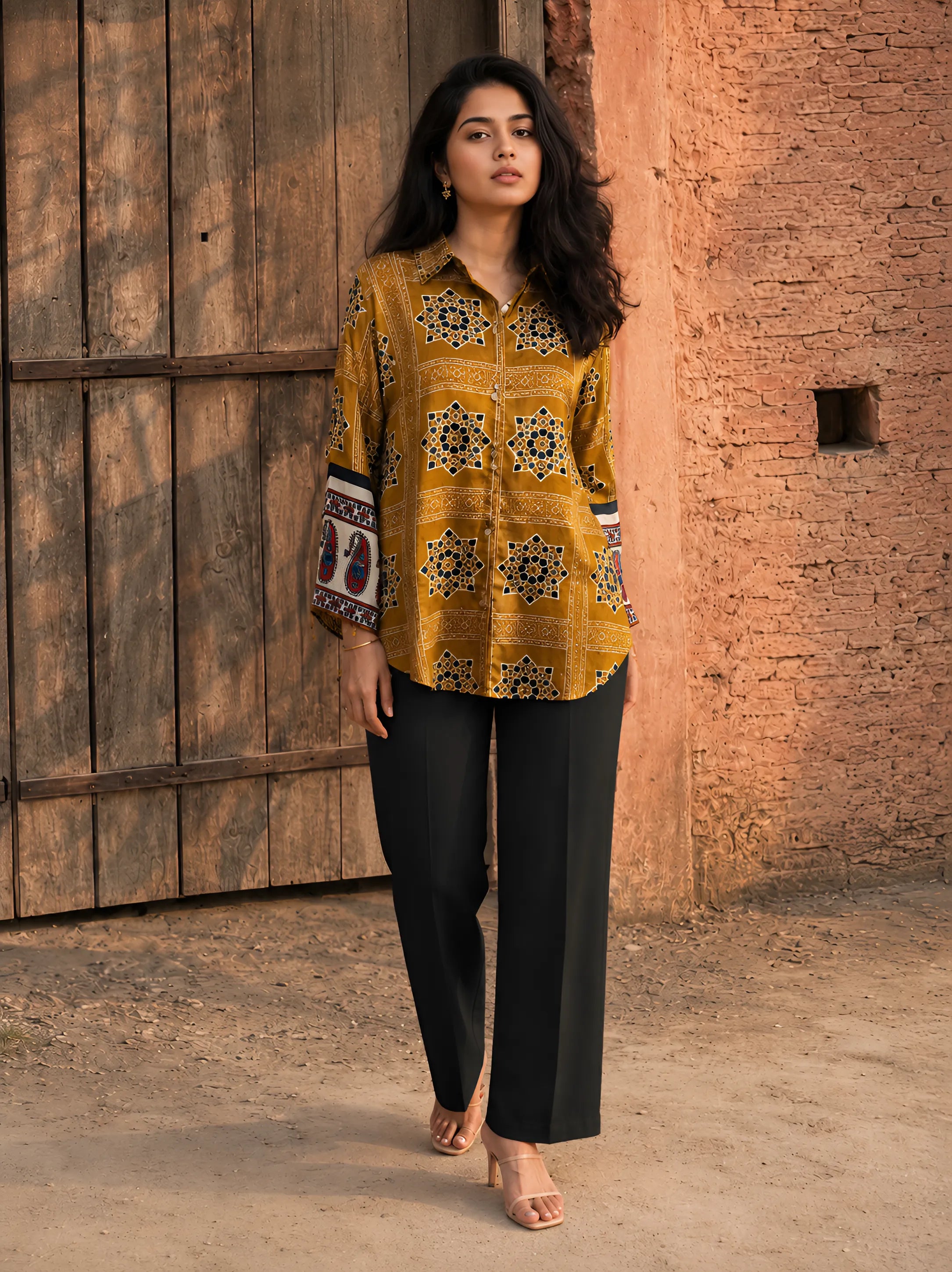 Mustard Yellow Geometric Printed Shirt with Sequin Collar & Paisley Sleeves in Crepe
