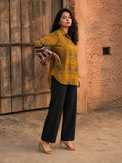 Mustard Yellow Geometric Printed Shirt with Sequin Collar & Paisley Sleeves in Crepe